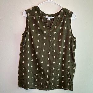 Liz Claiborne Women's Sleeveless Blouse Sz L Olive Green Medallion Print Cotton